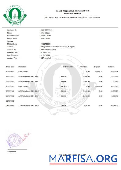 Realistic Bangladesh Islami bank statement excel example